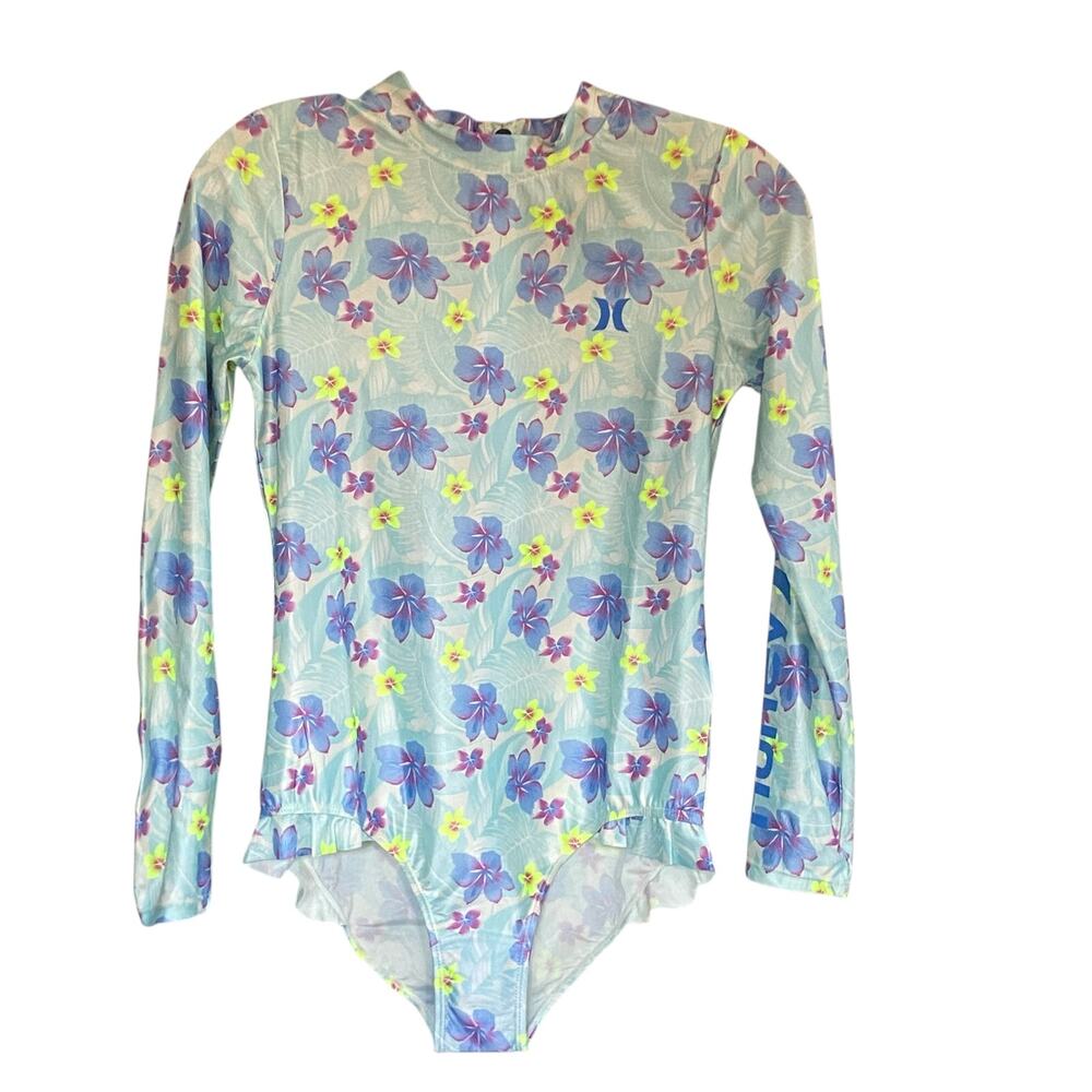 NWT Hurley Girls Bodysuit Swimsuit Ruffle Floral UPF 50+ Quick Dry XL